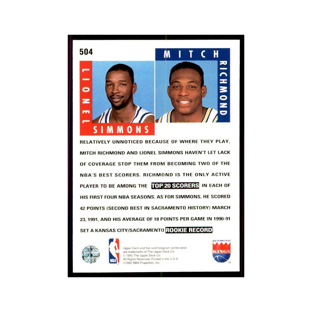 1992 Upper Deck Lionel Simmons/Mitch Richmond Basketball Cards #504