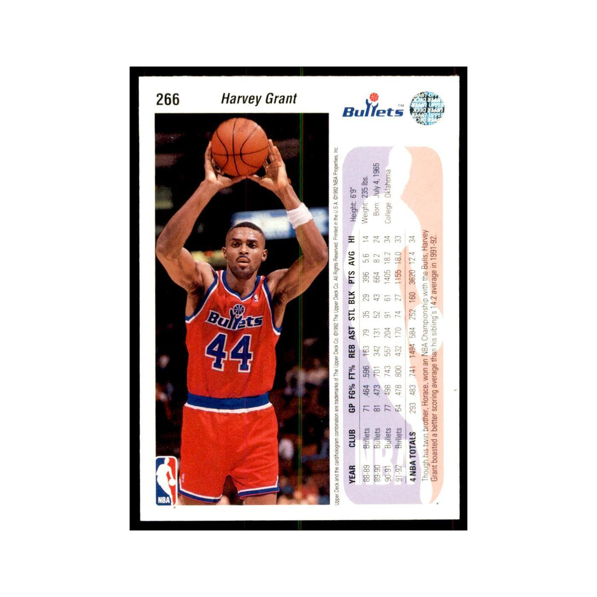 1992 Upper Deck Harvey Grant Basketball Cards #266