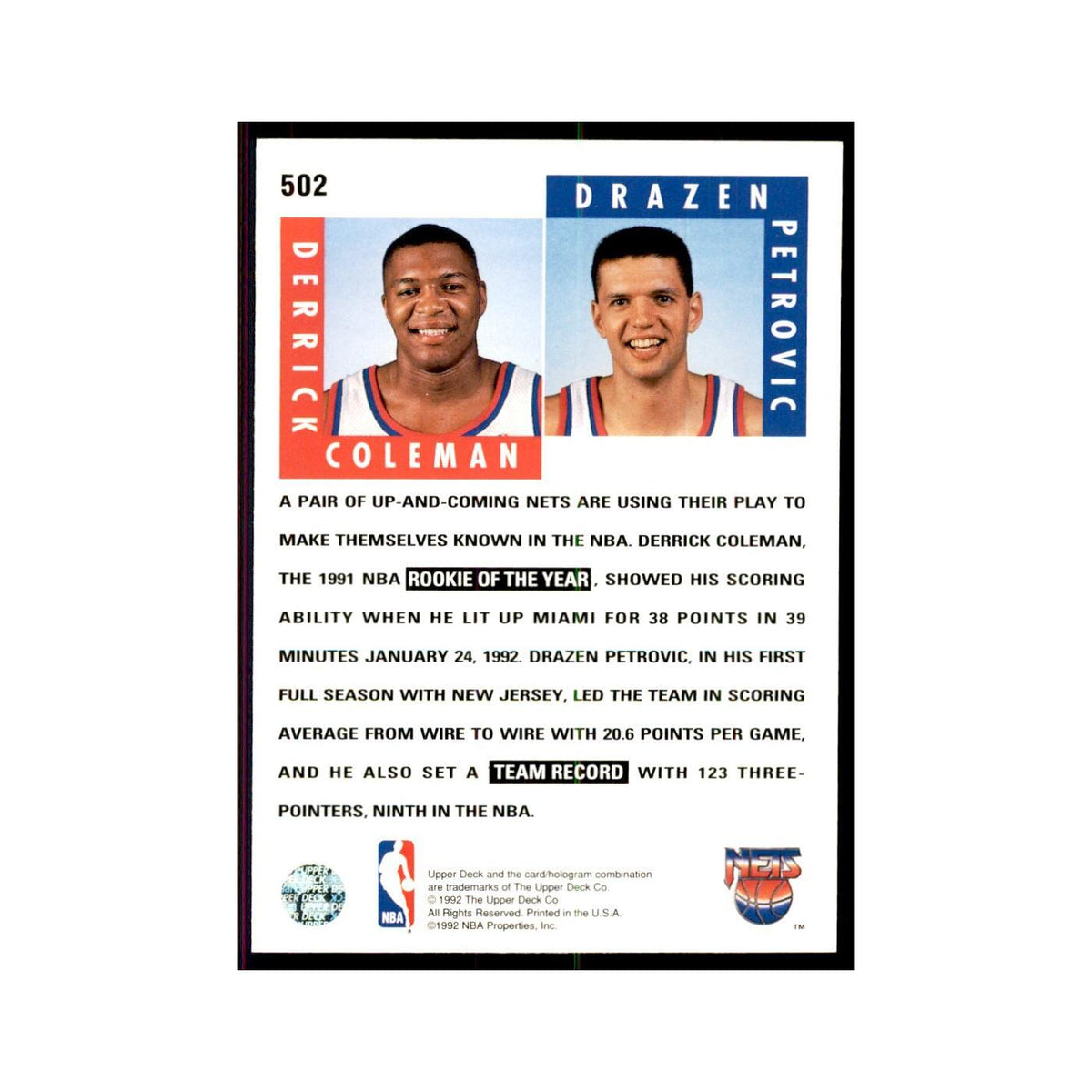 1992 Upper Deck Derrick Coleman/Drazen Petrovic Basketball Cards #502