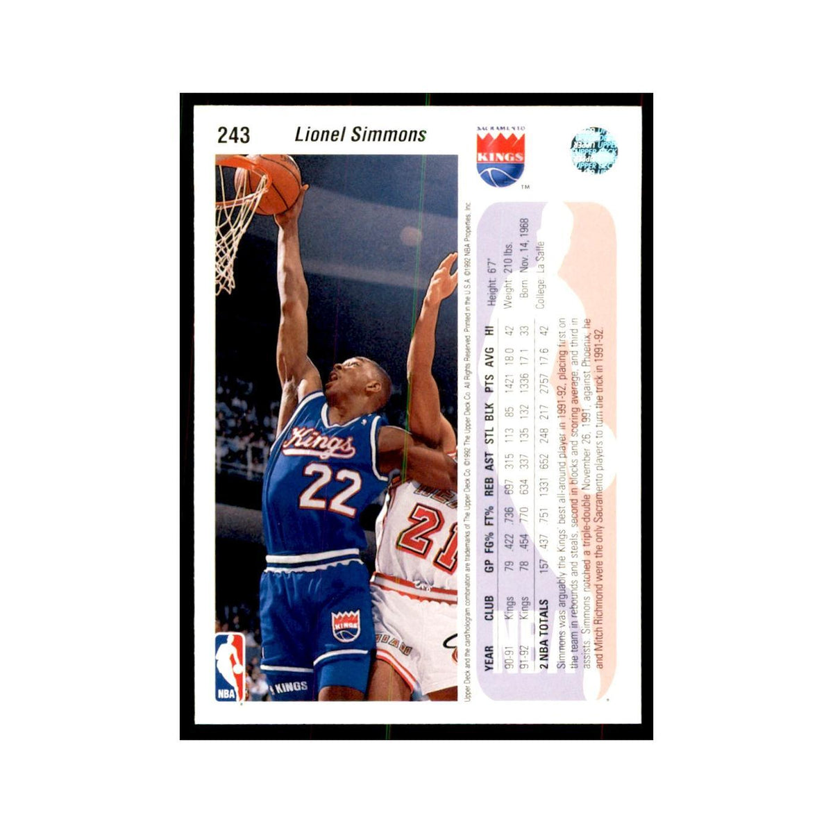 1992 Upper Deck Lionel Simmons Basketball Cards #243