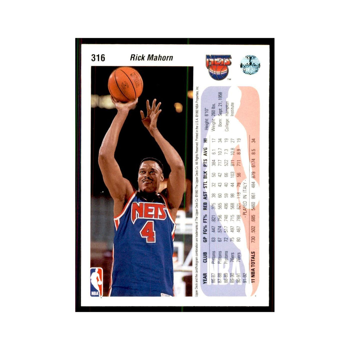 1992 Upper Deck Rick Mahorn Basketball Cards #316