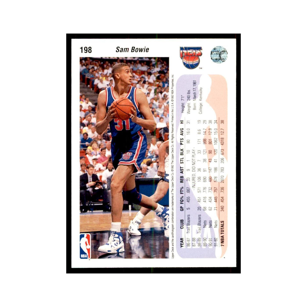 1992 Upper Deck Sam Bowie Basketball Cards #198