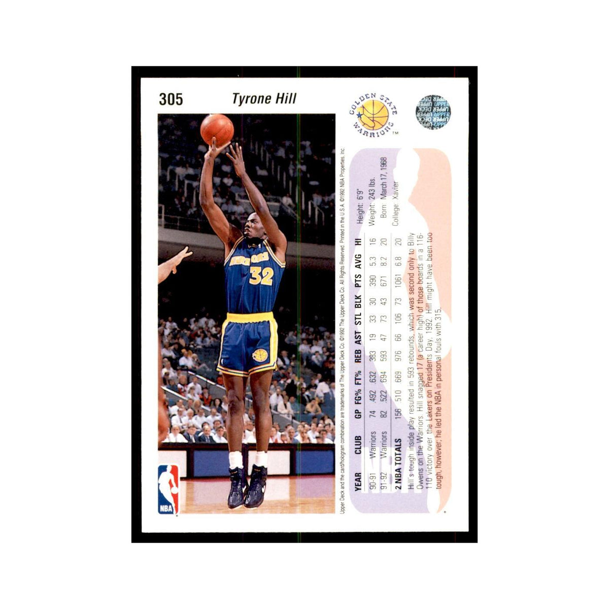 1992 Upper Deck Tyrone Hill Basketball Cards #305