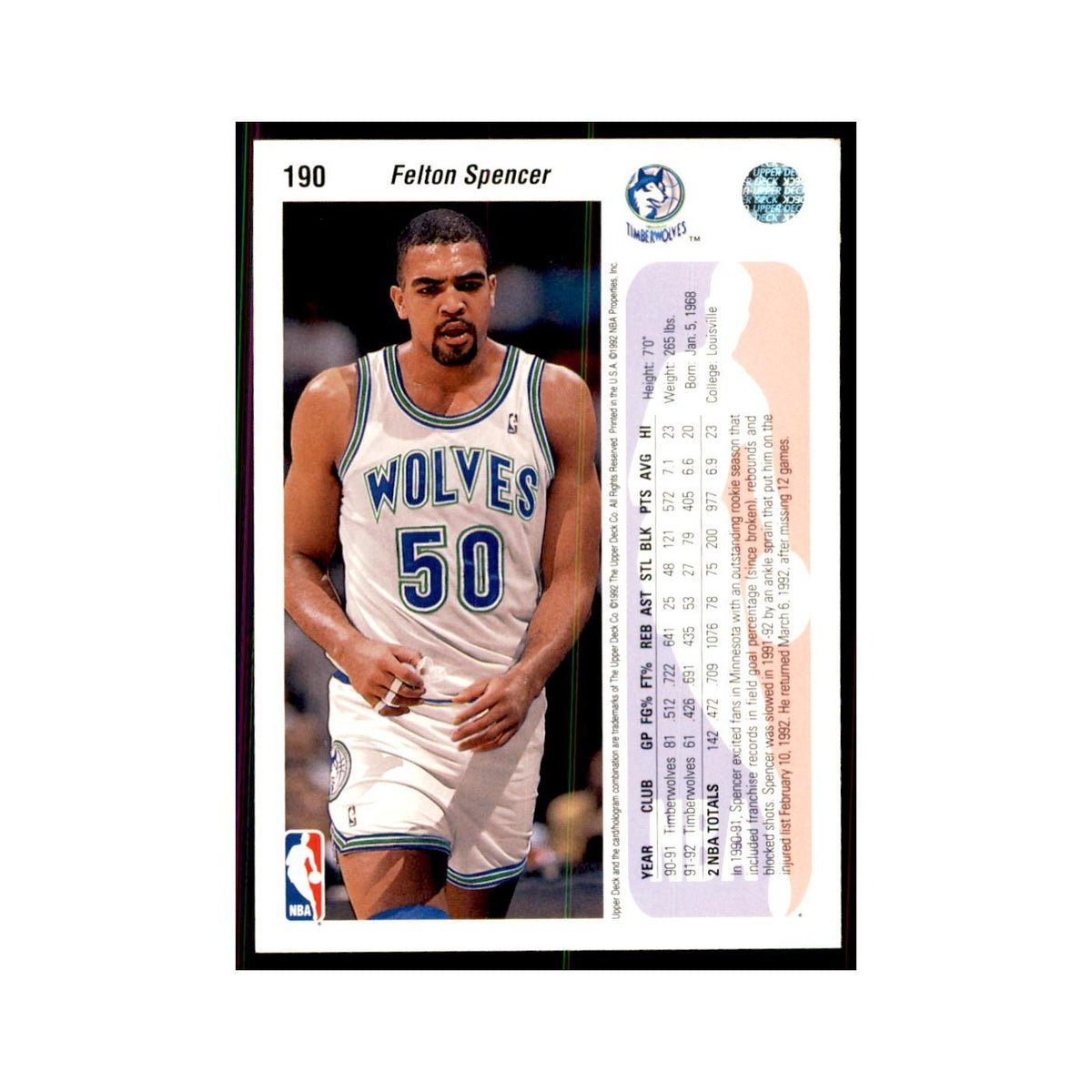 1992 Upper Deck Felton Spencer Basketball Cards #190