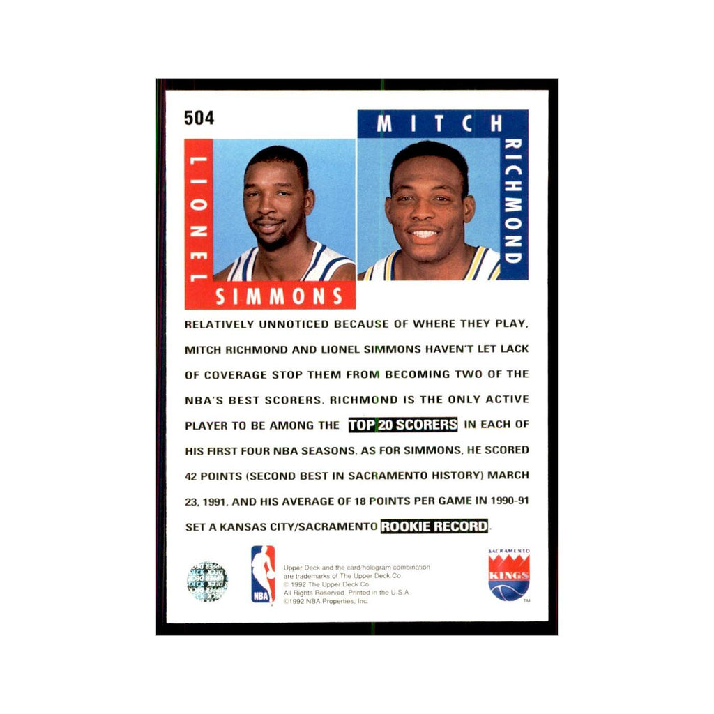 1992 Upper Deck Lionel Simmons/Mitch Richmond Basketball Cards #504
