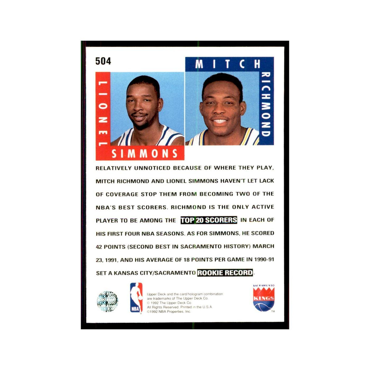 1992 Upper Deck Lionel Simmons/Mitch Richmond Basketball Cards #504