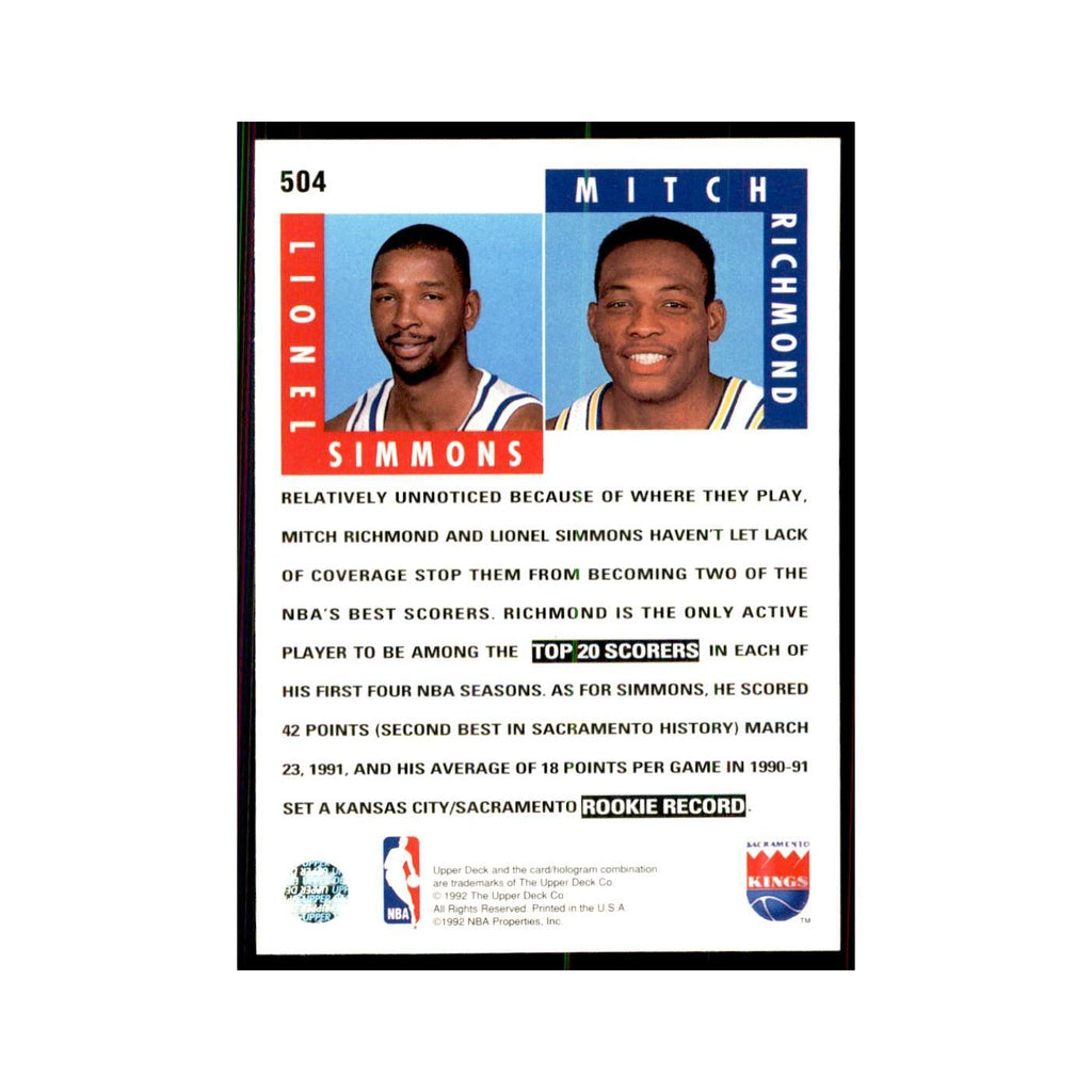 1992 Upper Deck Lionel Simmons/Mitch Richmond Basketball Cards #504