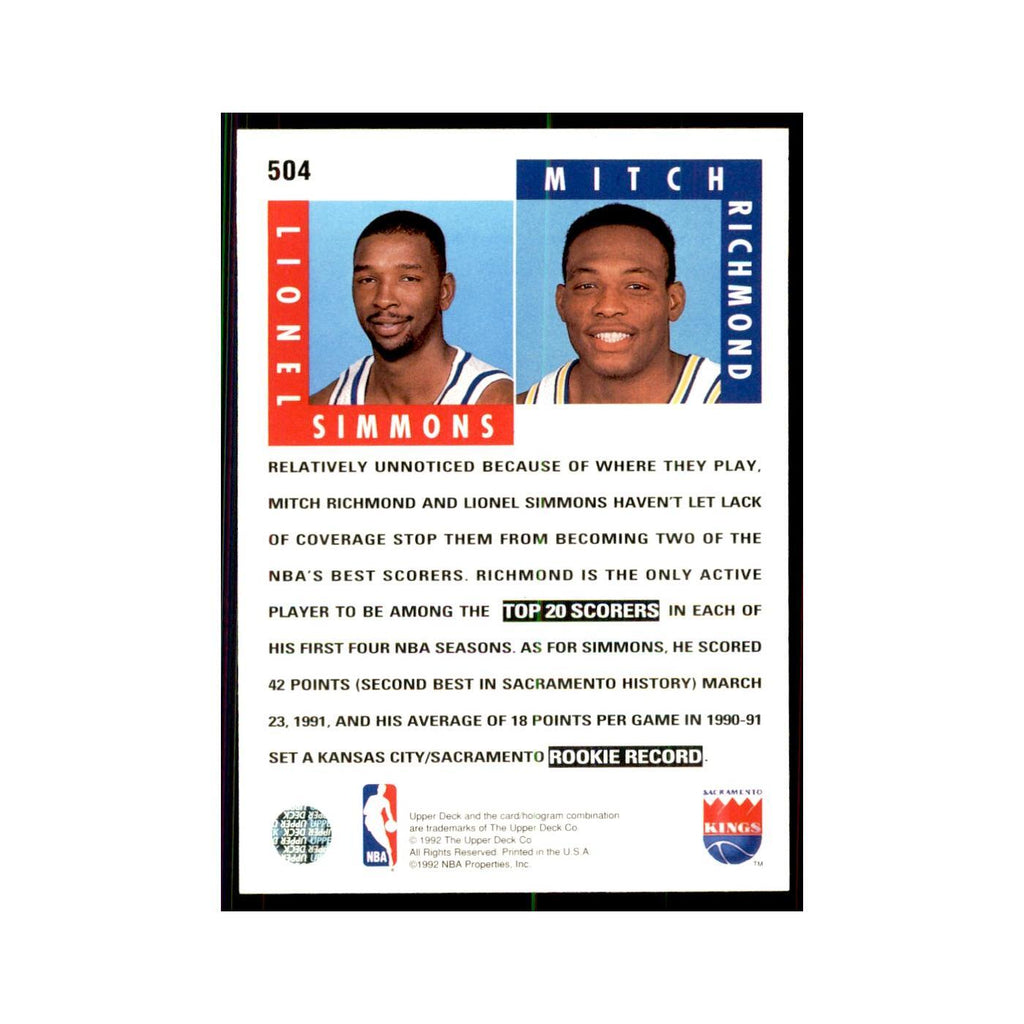 1992 Upper Deck Lionel Simmons/Mitch Richmond Basketball Cards #504