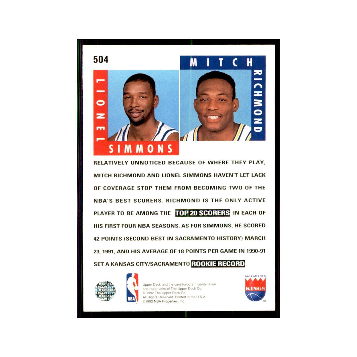 1992 Upper Deck Lionel Simmons/Mitch Richmond Basketball Cards #504