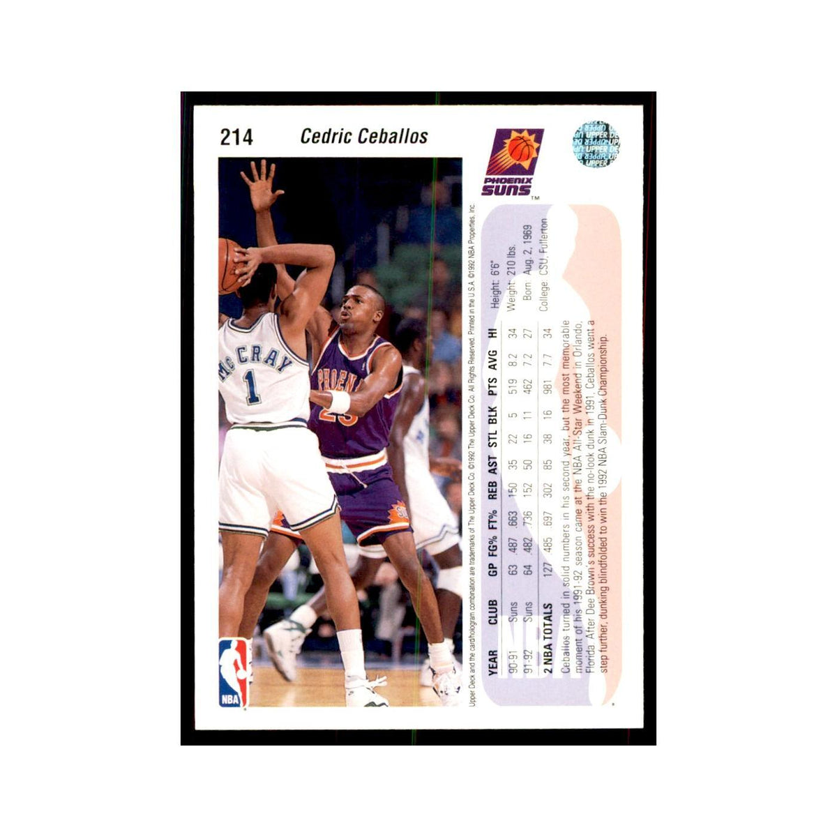 1992 Upper Deck Cedric Ceballos Basketball Cards #214