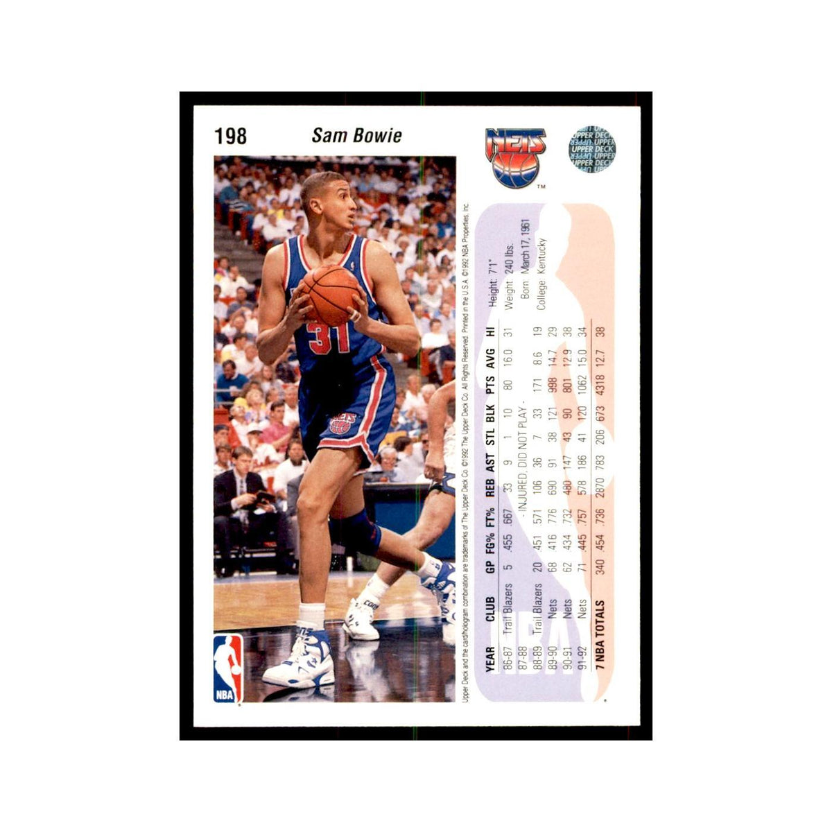 1992 Upper Deck Sam Bowie Basketball Cards #198