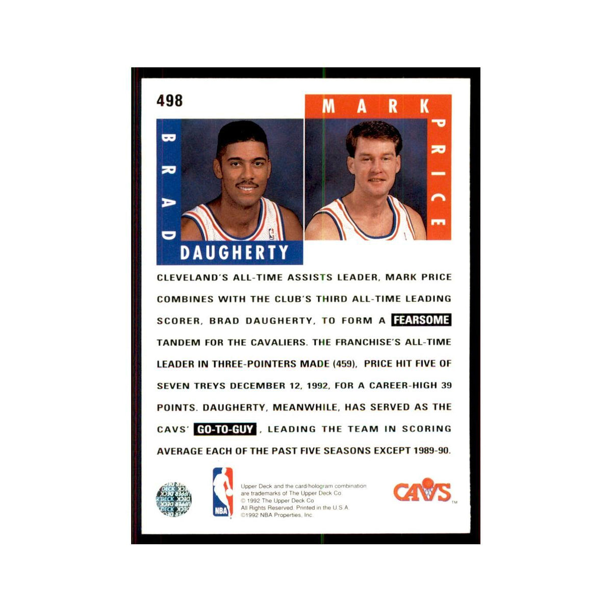 1992 Upper Deck Brad Daugherty/Mark Price Basketball Cards #498