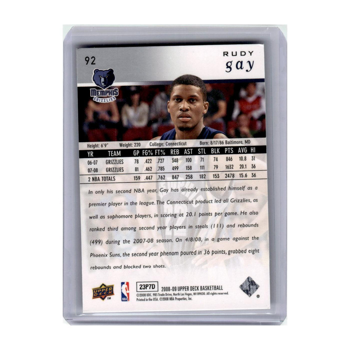 2008 Upper Deck Rudy Gay Grizzlies #92