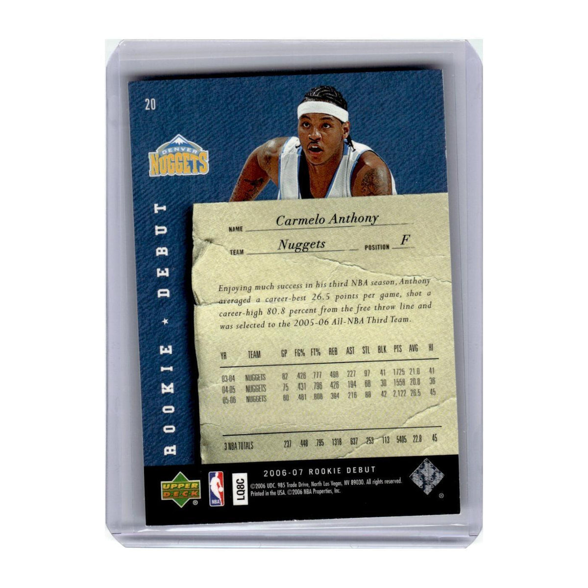 2006 Upper Deck Rookie Debut Carmelo Anthony Nuggets #20