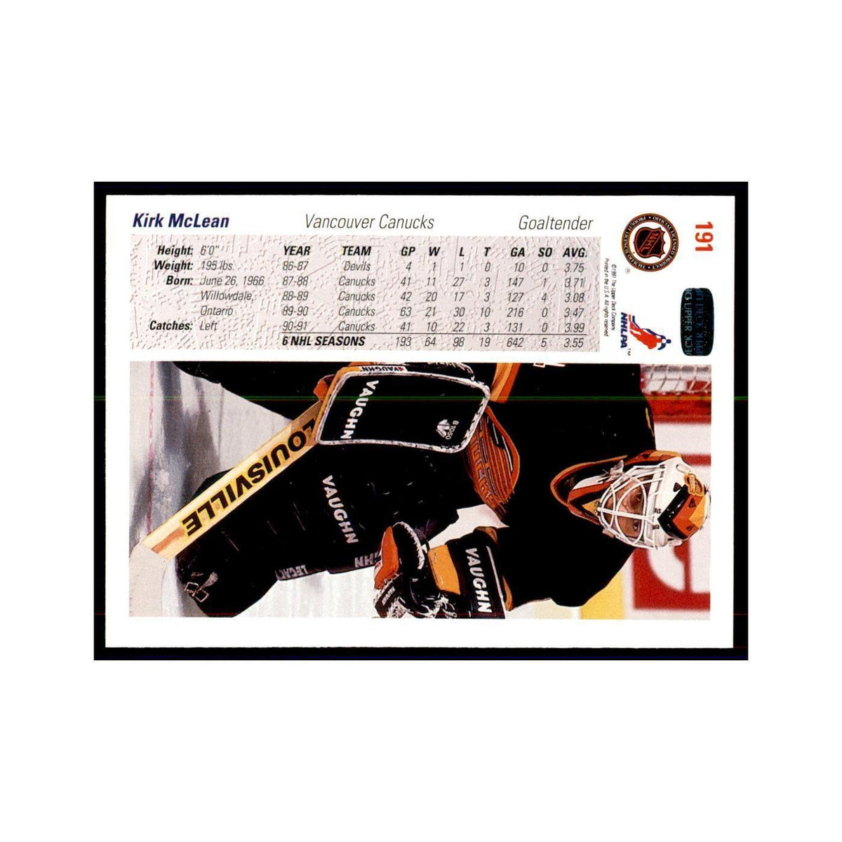 1991 Upper Deck Kirk McLean #191