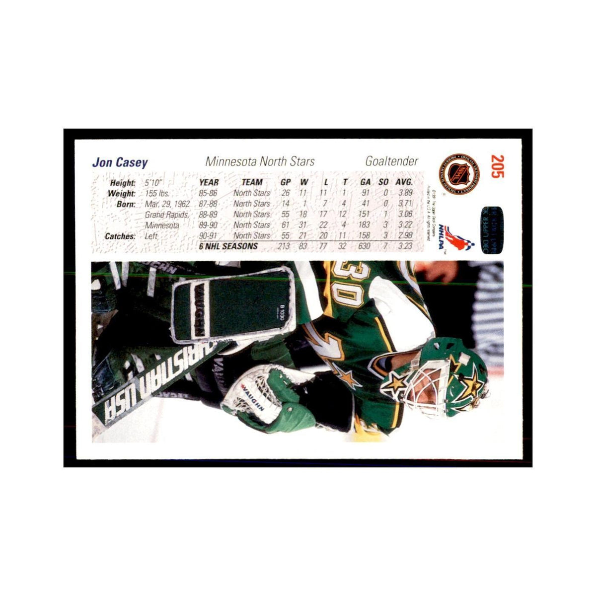 1991 Upper Deck Jon Casey Hockey Cards #205