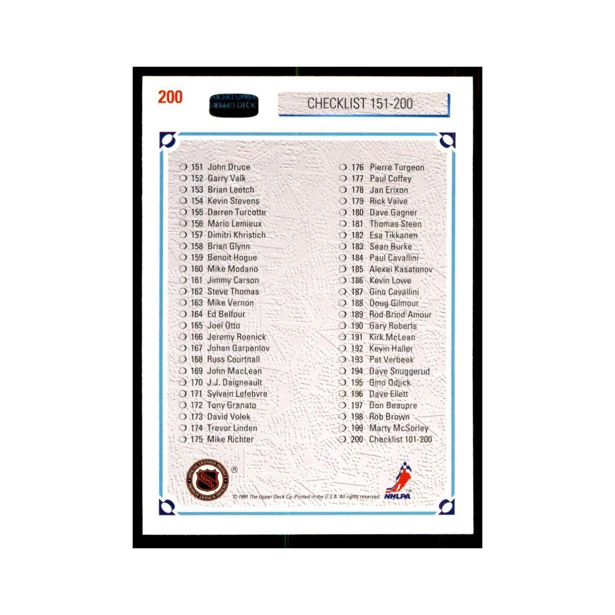 1991 Upper Deck Checklist 101-200 Hockey Cards #200
