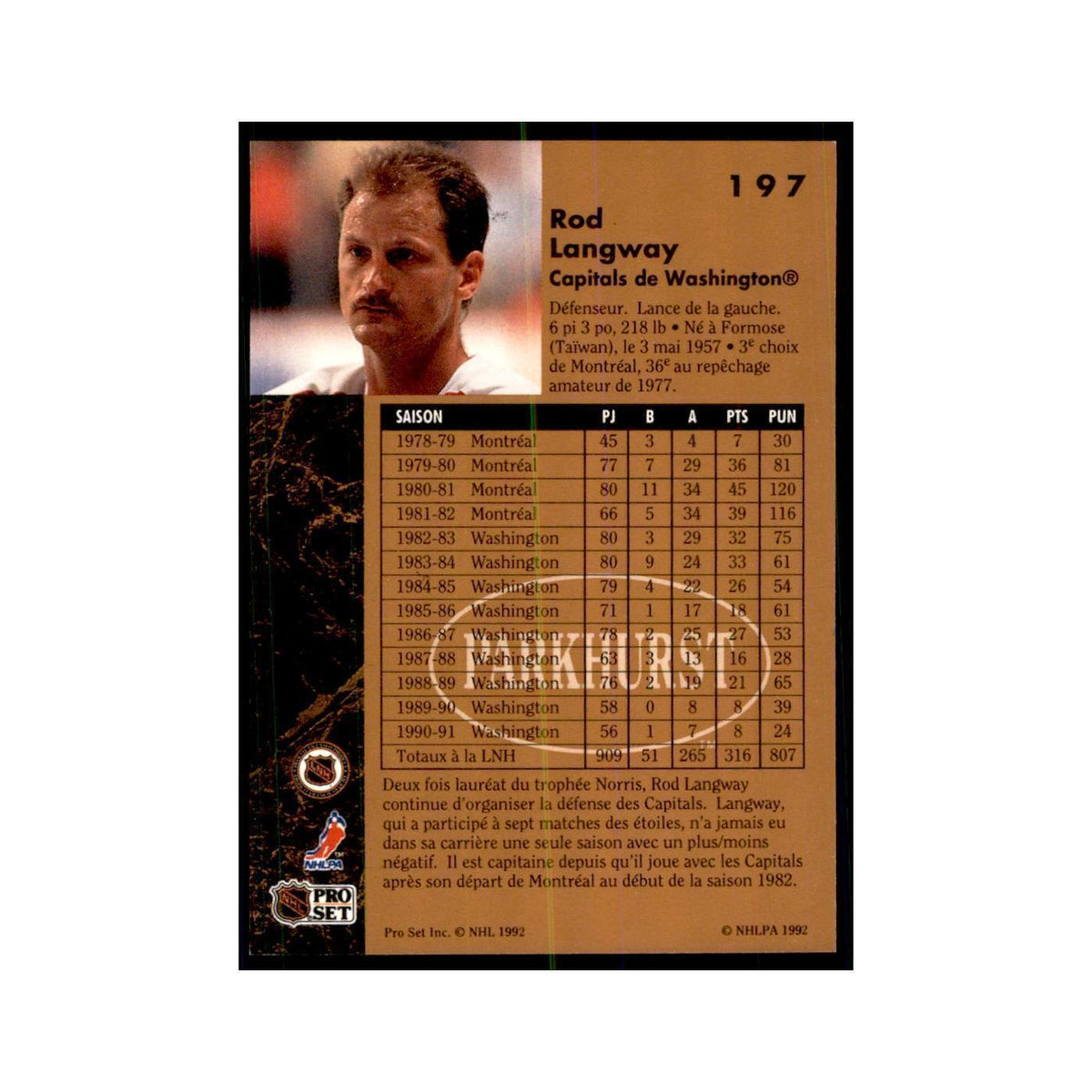1991 Parkhurst French Rod Langway Hockey Cards #197