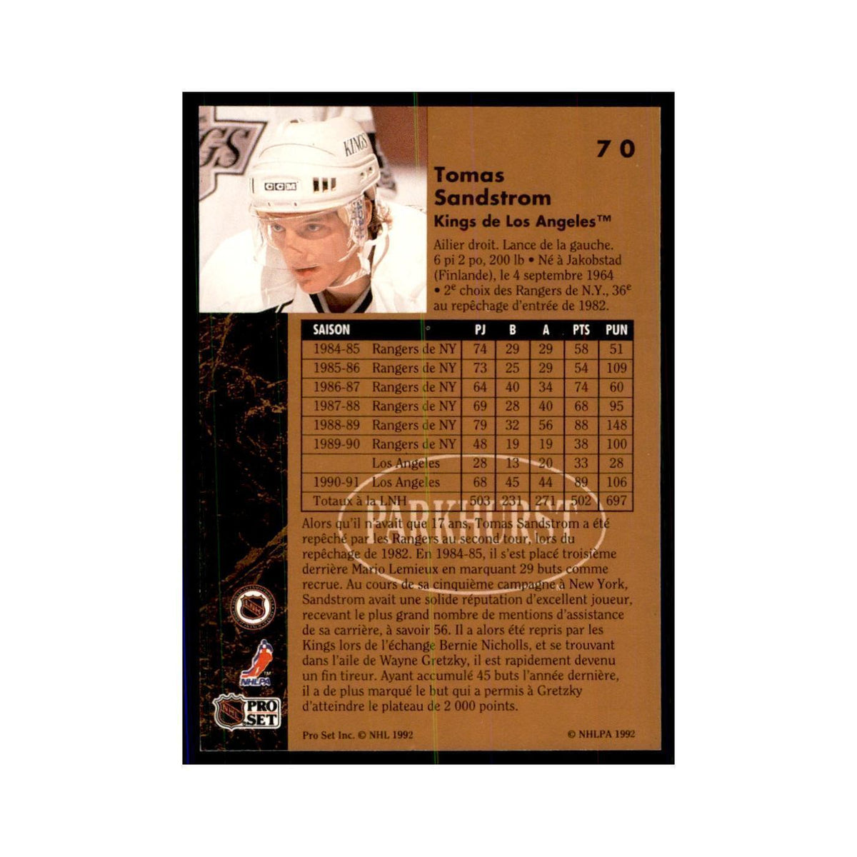 1991 Parkhurst French Tomas Sandstrom Hockey Cards #70