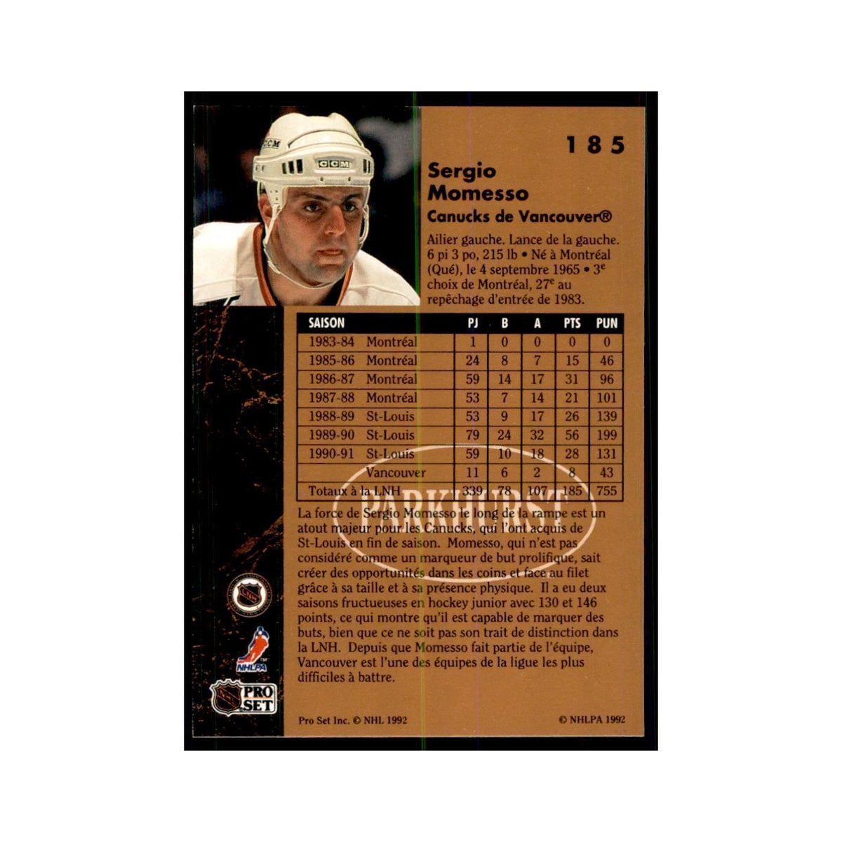 1991 Parkhurst French Sergio Momesso Hockey Cards #185