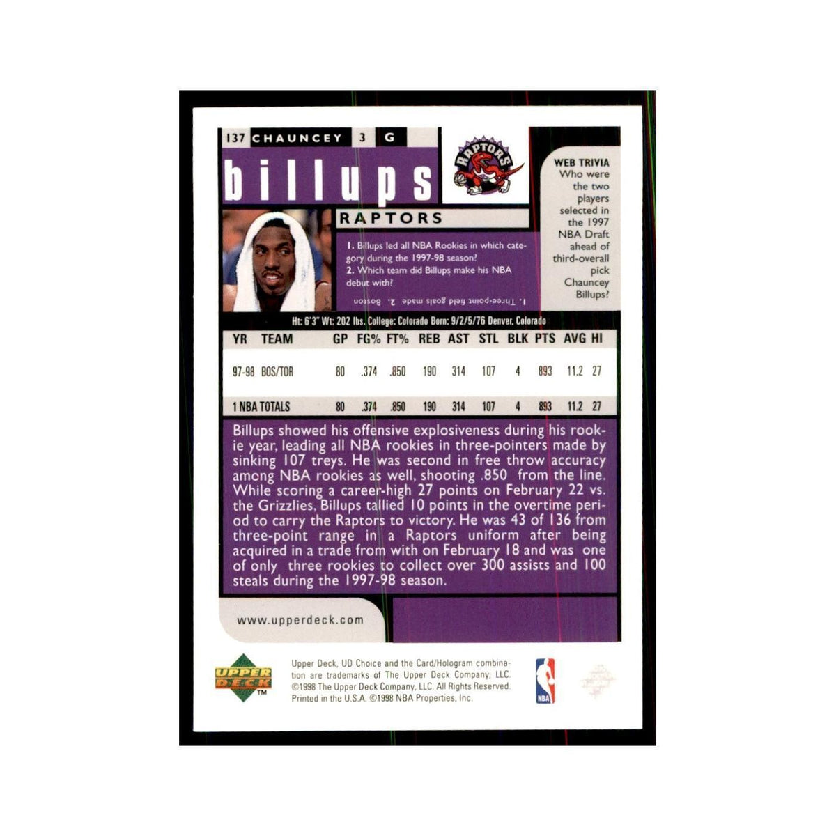1998 UD Choice Chauncey Billups Basketball Cards #137