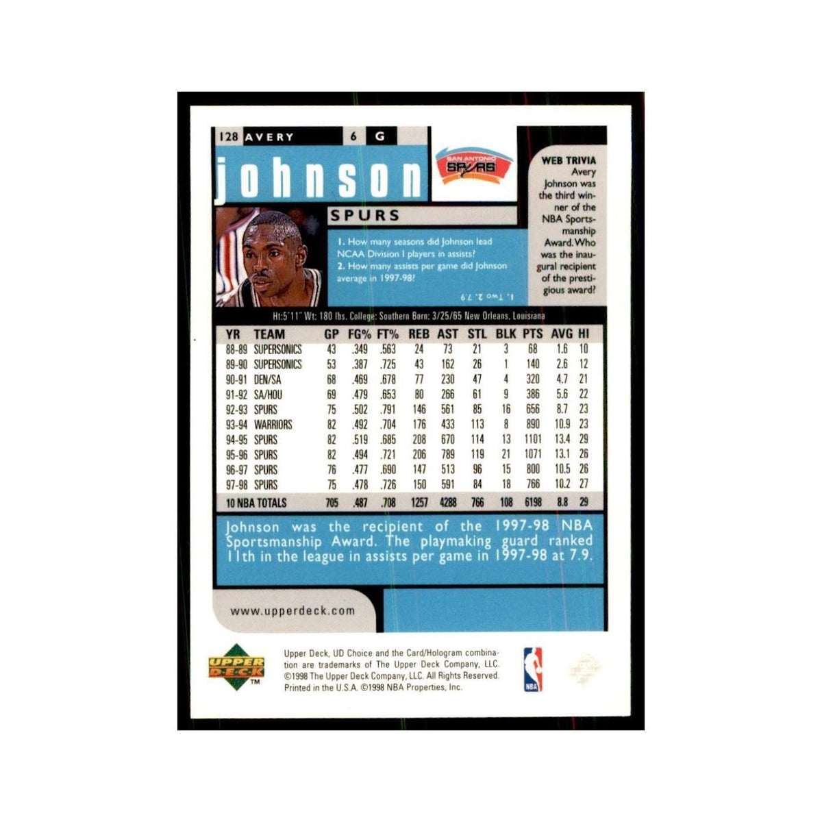 1998 UD Choice Avery Johnson Basketball Cards #128