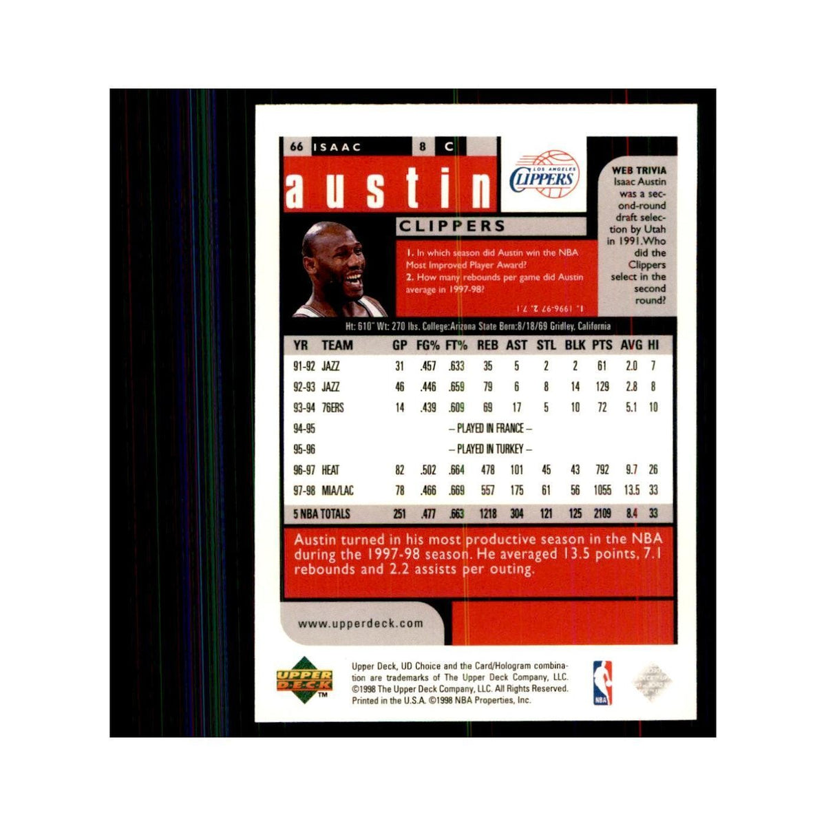 1998 UD Choice Isaac Austin Basketball Cards #66