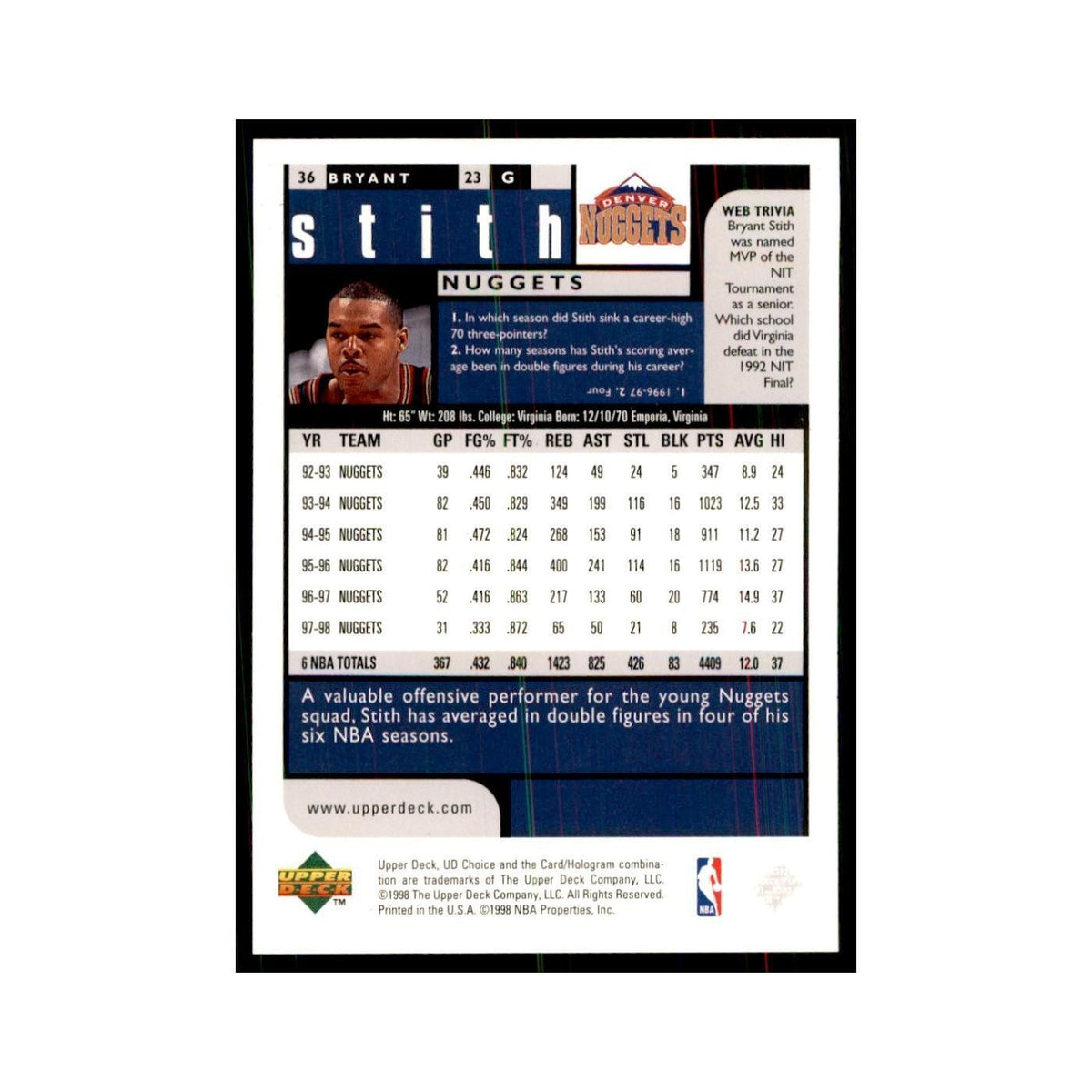 1998 UD Choice Bryant Stith Basketball Cards #36