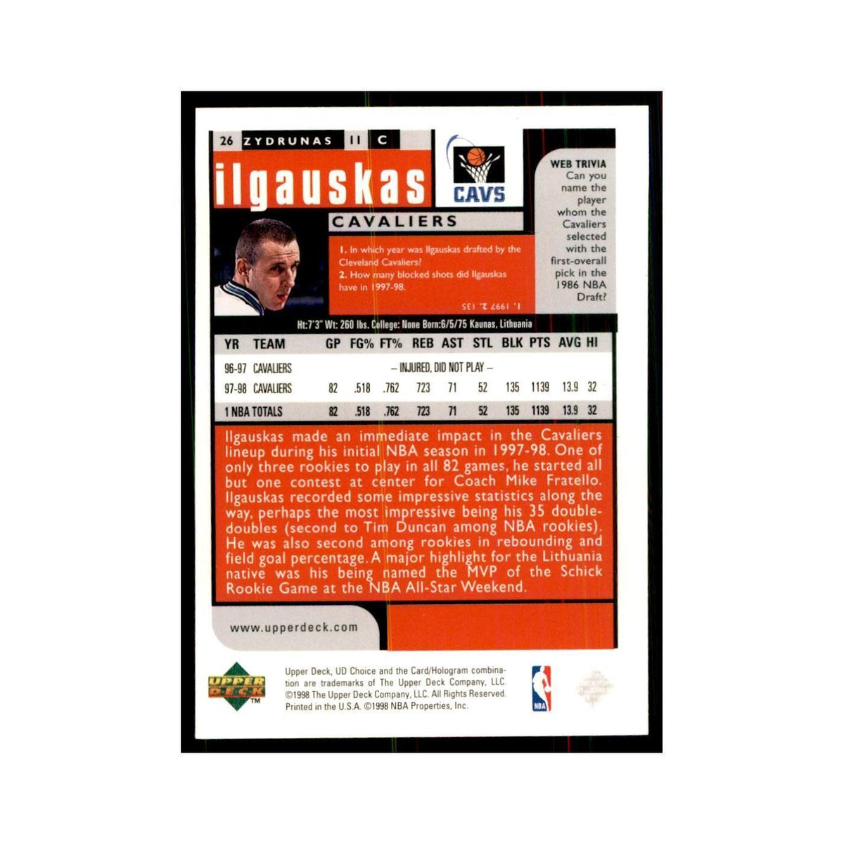 1998 UD Choice Zydrunas Ilgauskas Basketball Cards #26