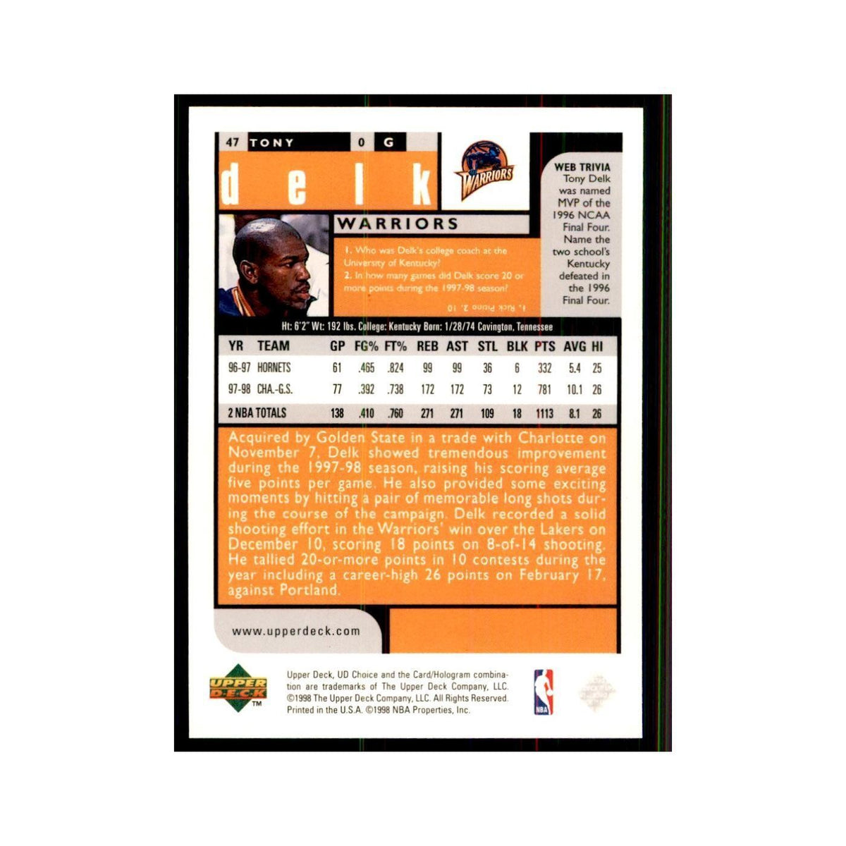 1998 UD Choice Tony Delk Basketball Cards #47
