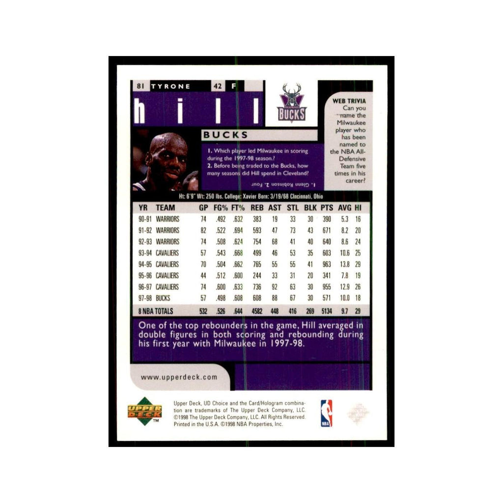 1998 UD Choice Tyrone Hill Basketball Cards #81
