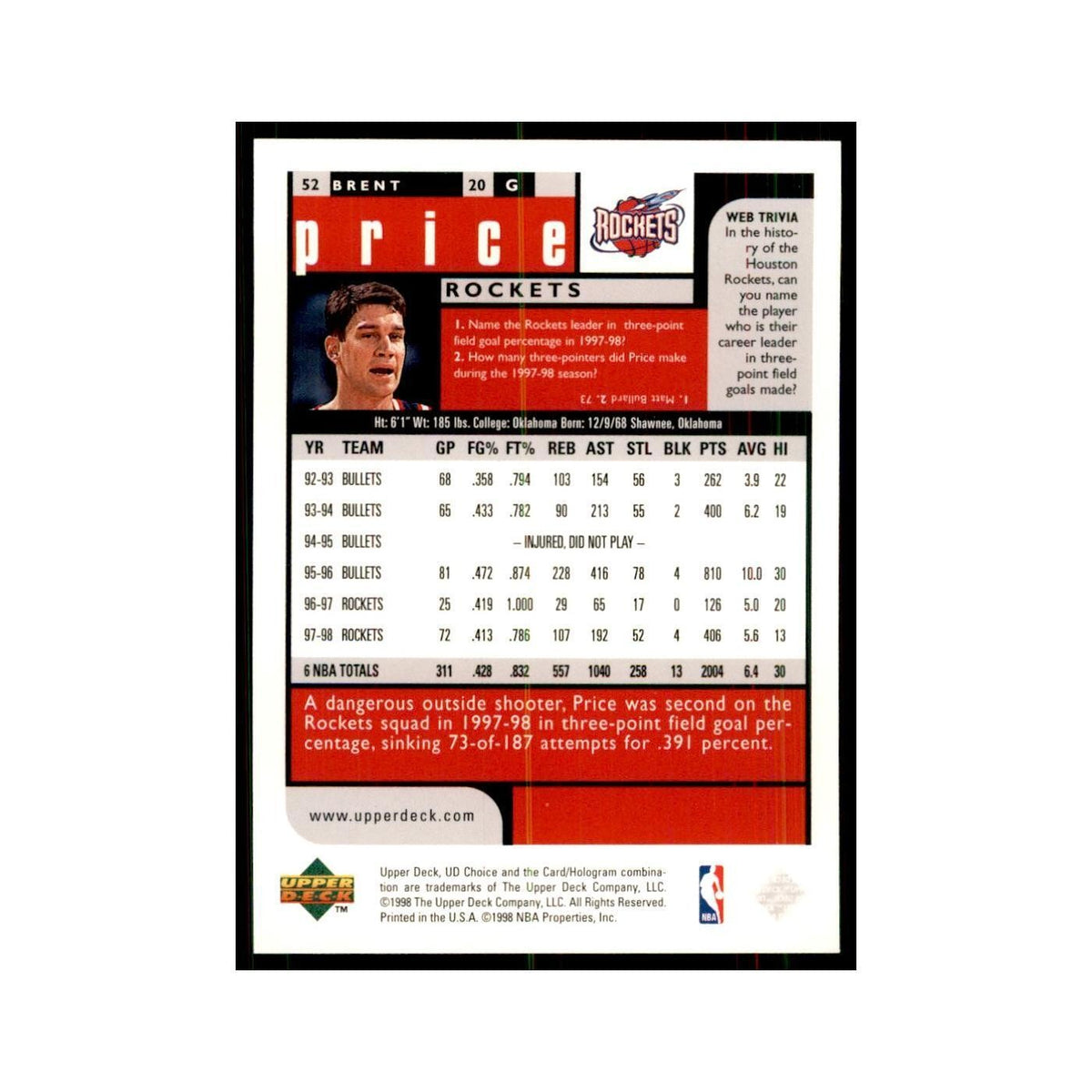 1998 UD Choice Brent Price Basketball Cards #52