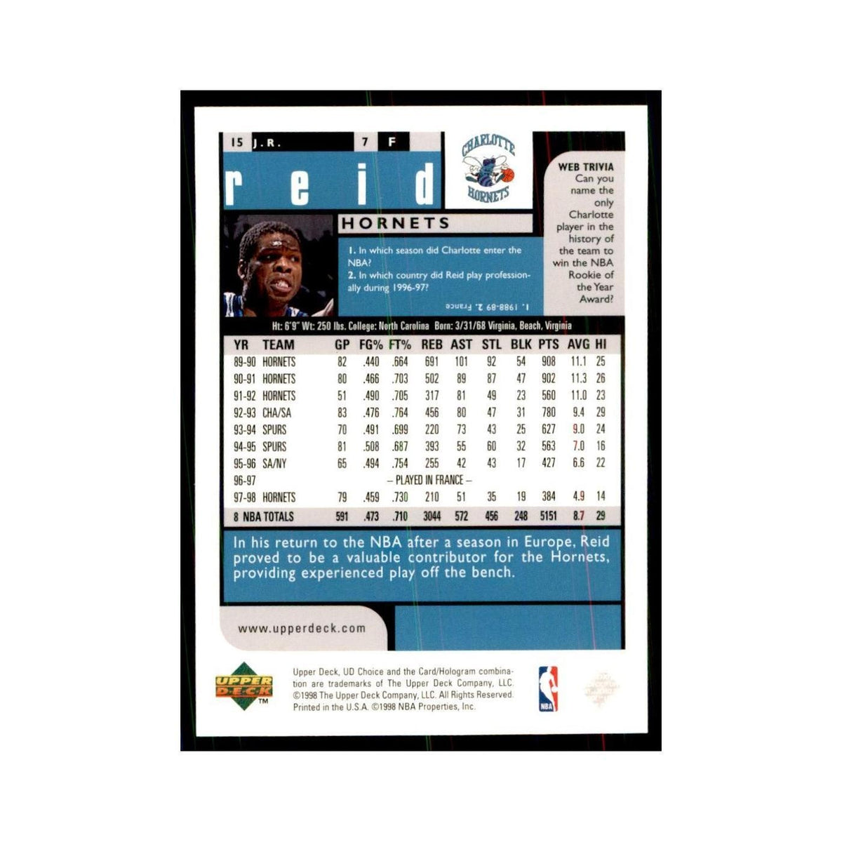 1998 UD Choice J.R. Reid Basketball Cards #15