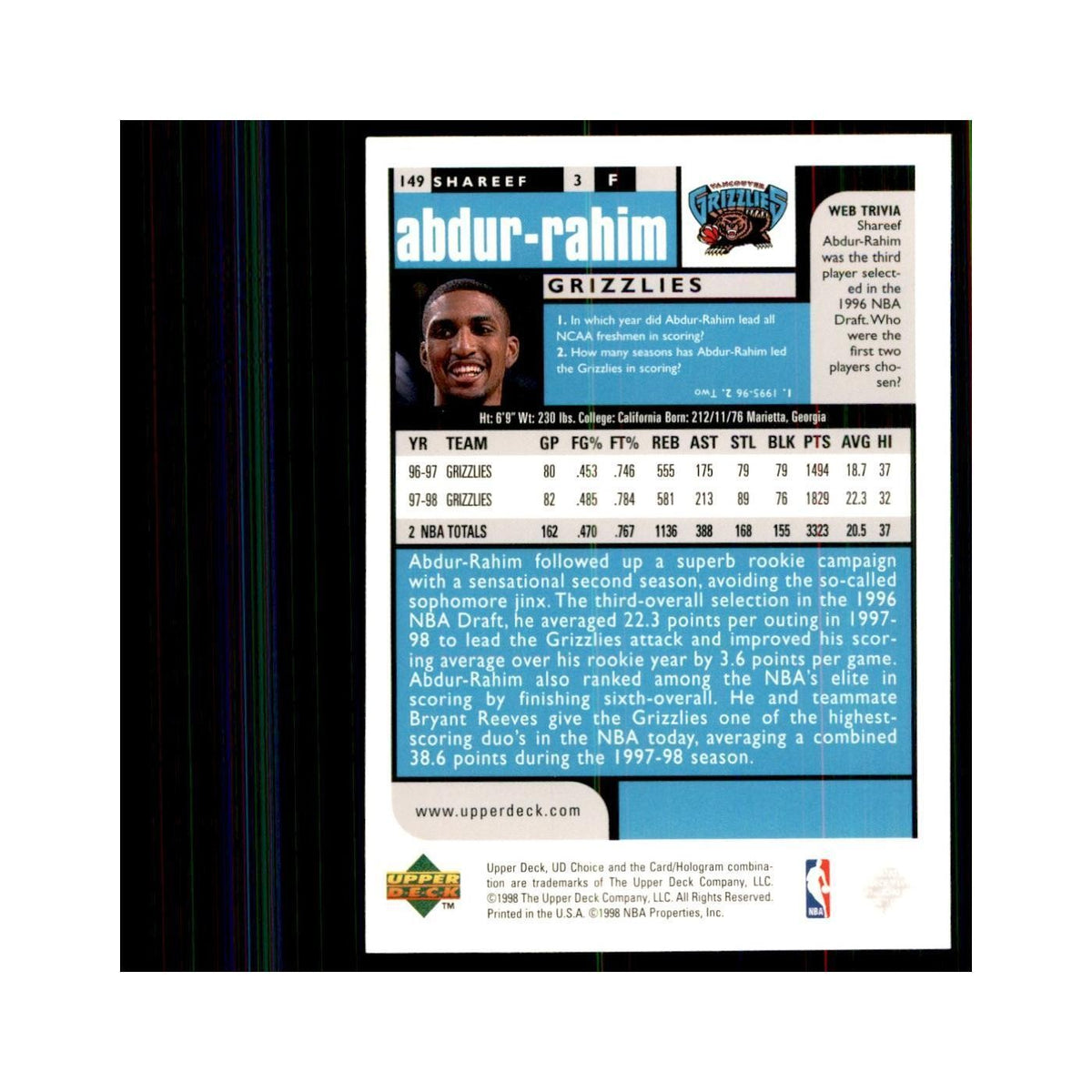 1998 UD Choice Shareef Abdur-Rahim Basketball Cards #149