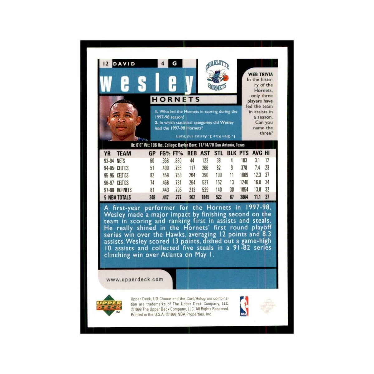 1998 UD Choice David Wesley Basketball Cards #12