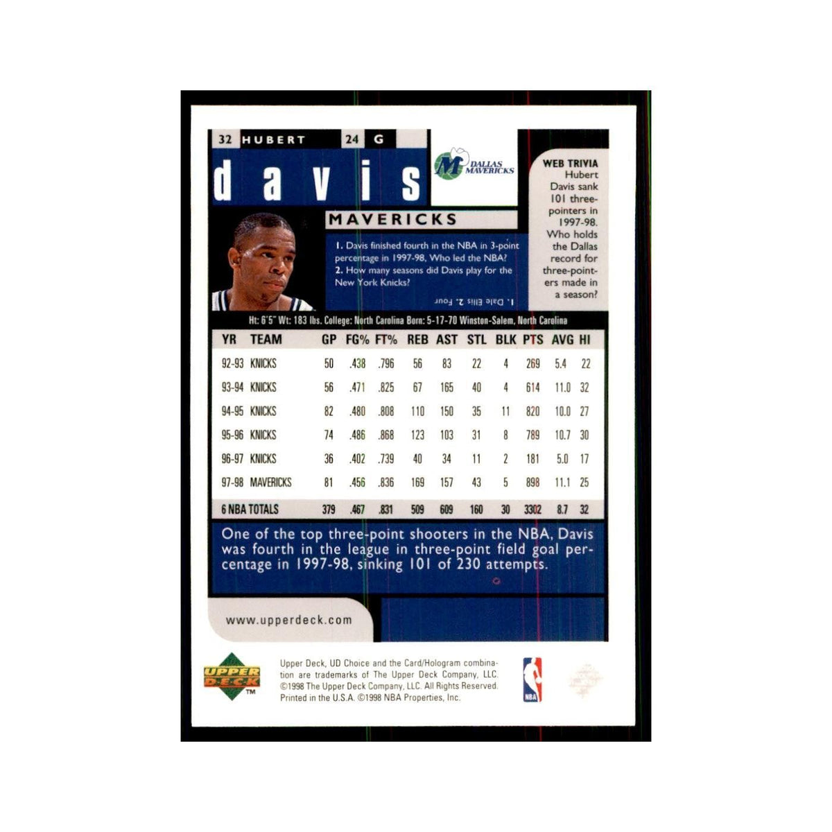 1998 UD Choice Hubert Davis Basketball Cards #32