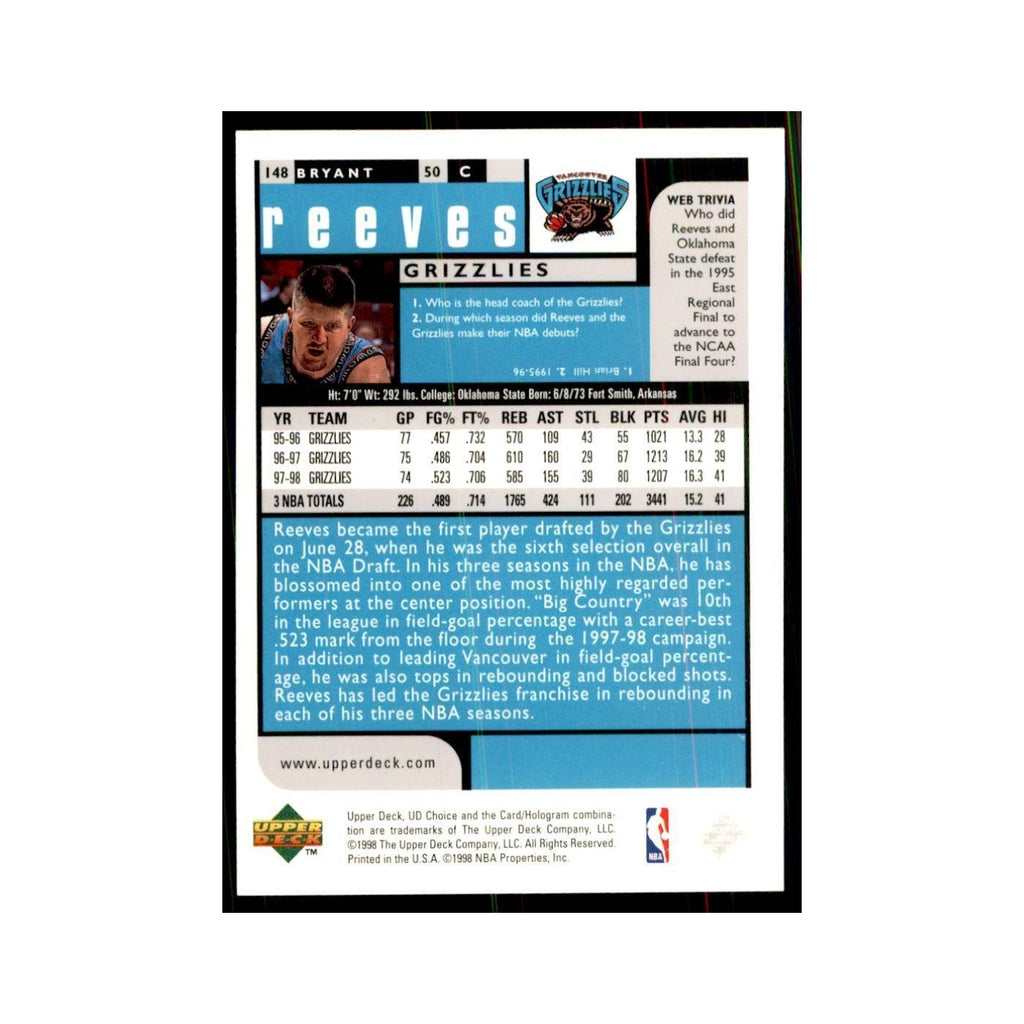 1998 UD Choice Bryant Reeves Basketball Cards #148