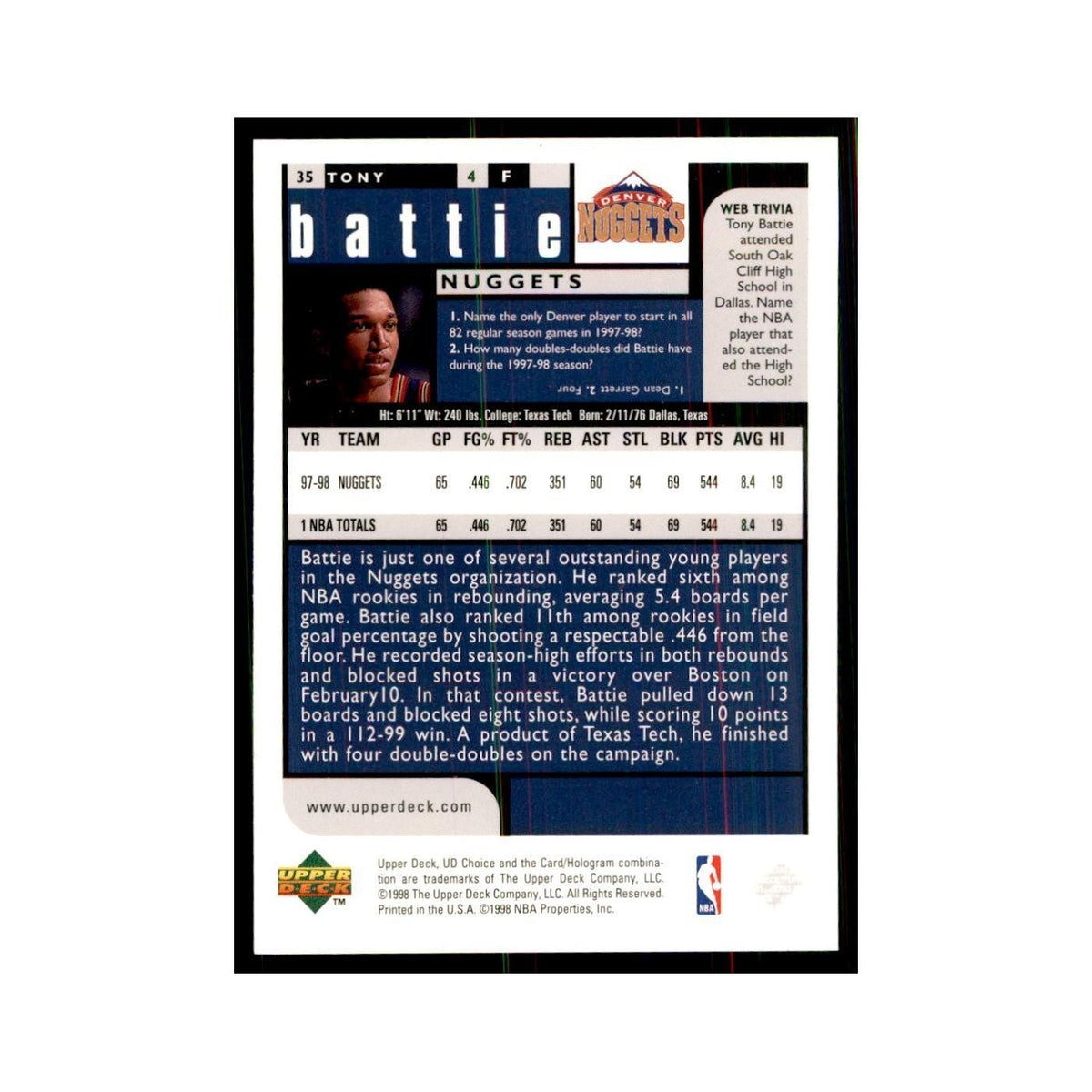 1998 UD Choice Robert Pack Basketball Cards #35
