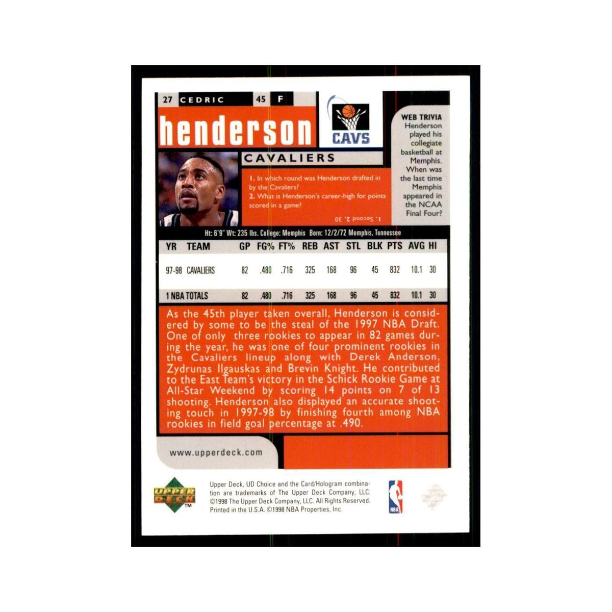 1998 UD Choice Cedric Henderson Basketball Cards #27