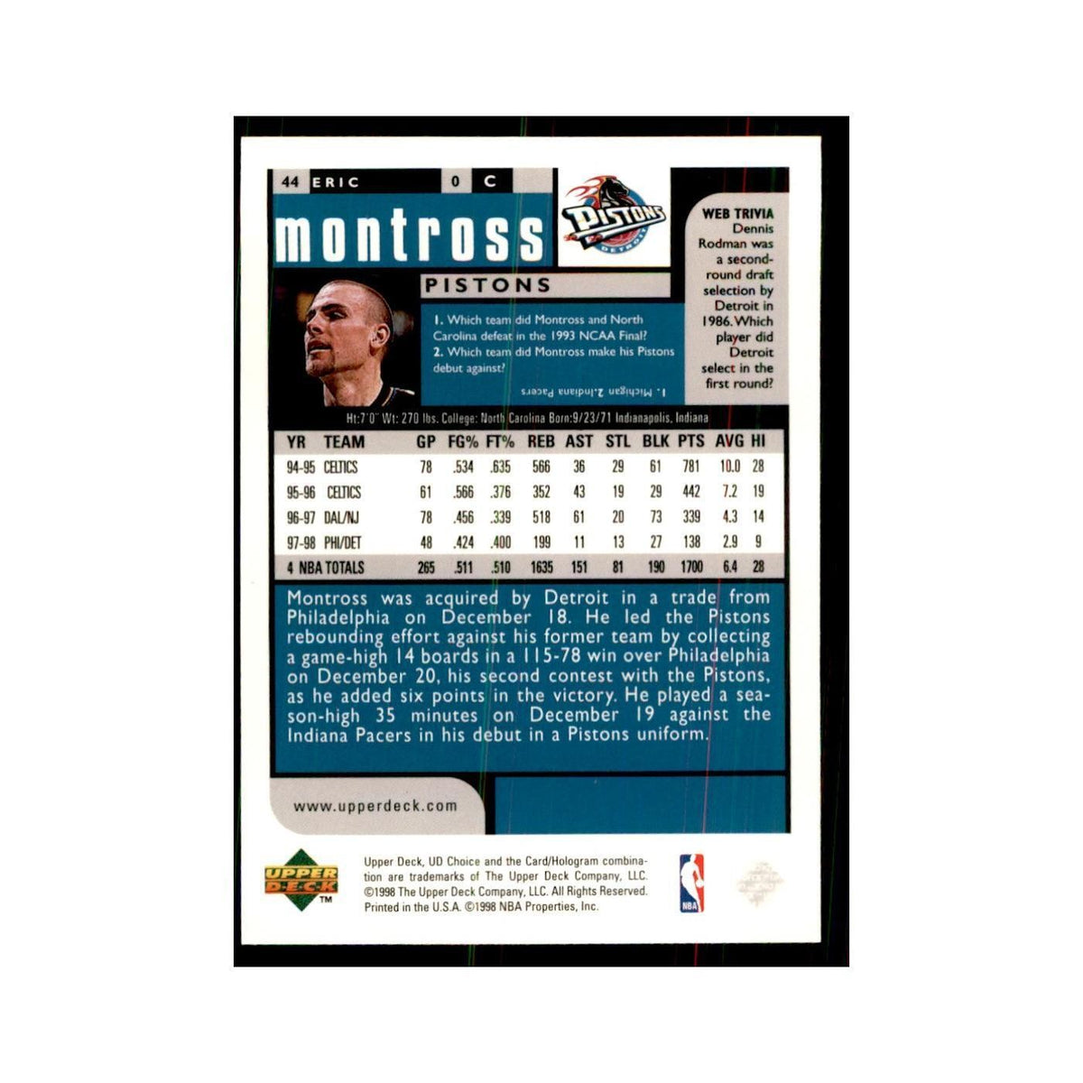 1998 UD Choice Eric Montross Basketball Cards #44