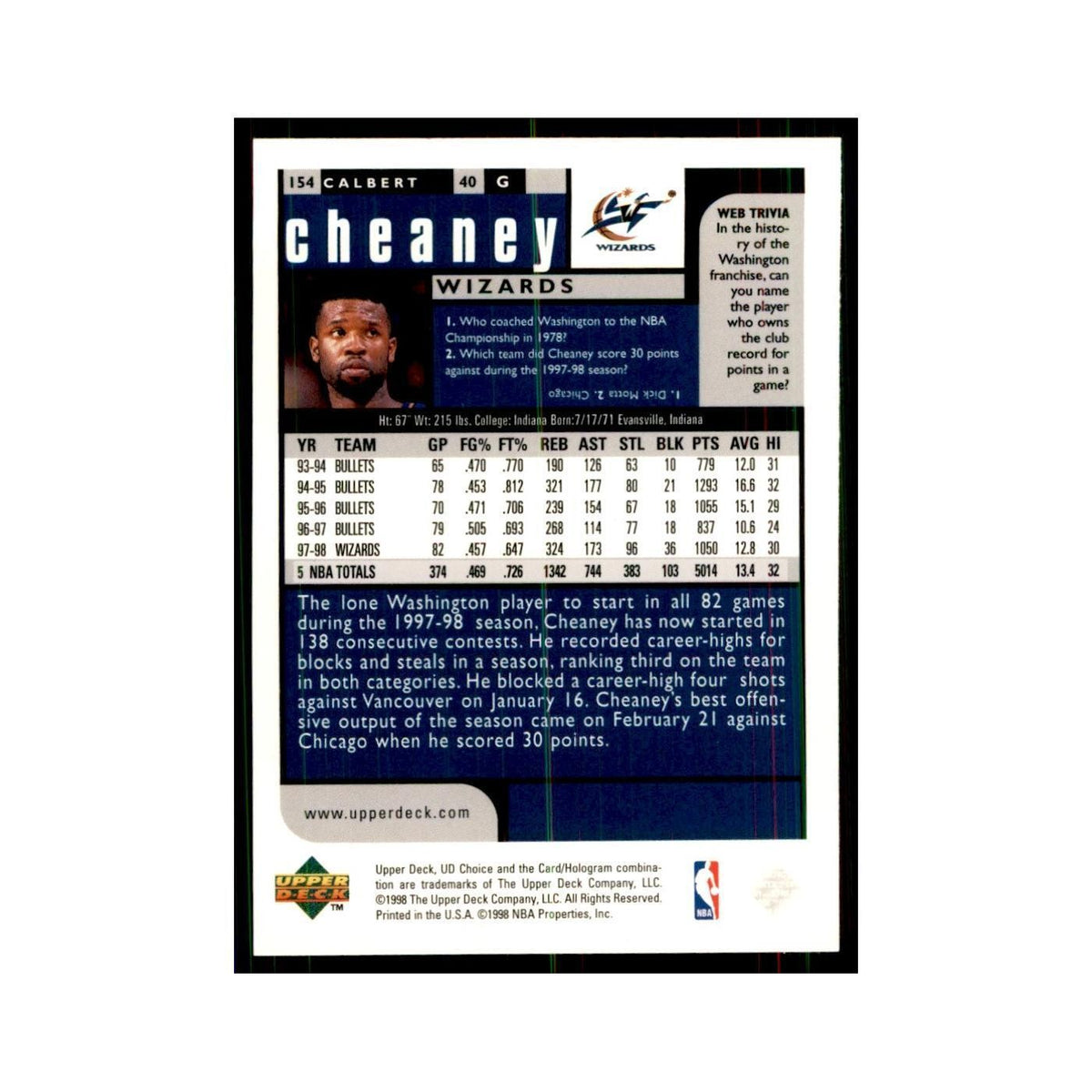 1998 UD Choice Calbert Cheaney Basketball Cards #154