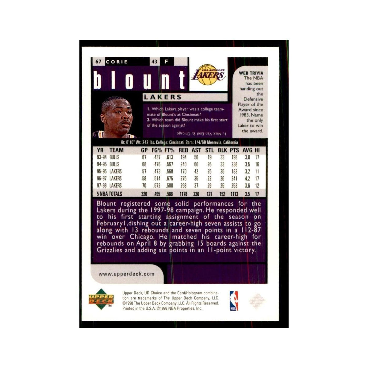 1998 UD Choice Corie Blount Basketball Cards #67