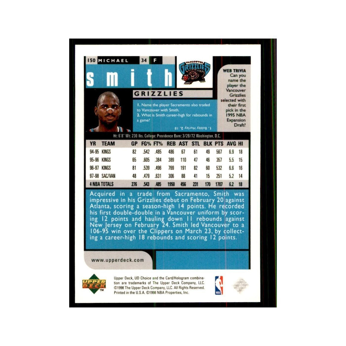 1998 UD Choice Michael Smith Basketball Cards #150