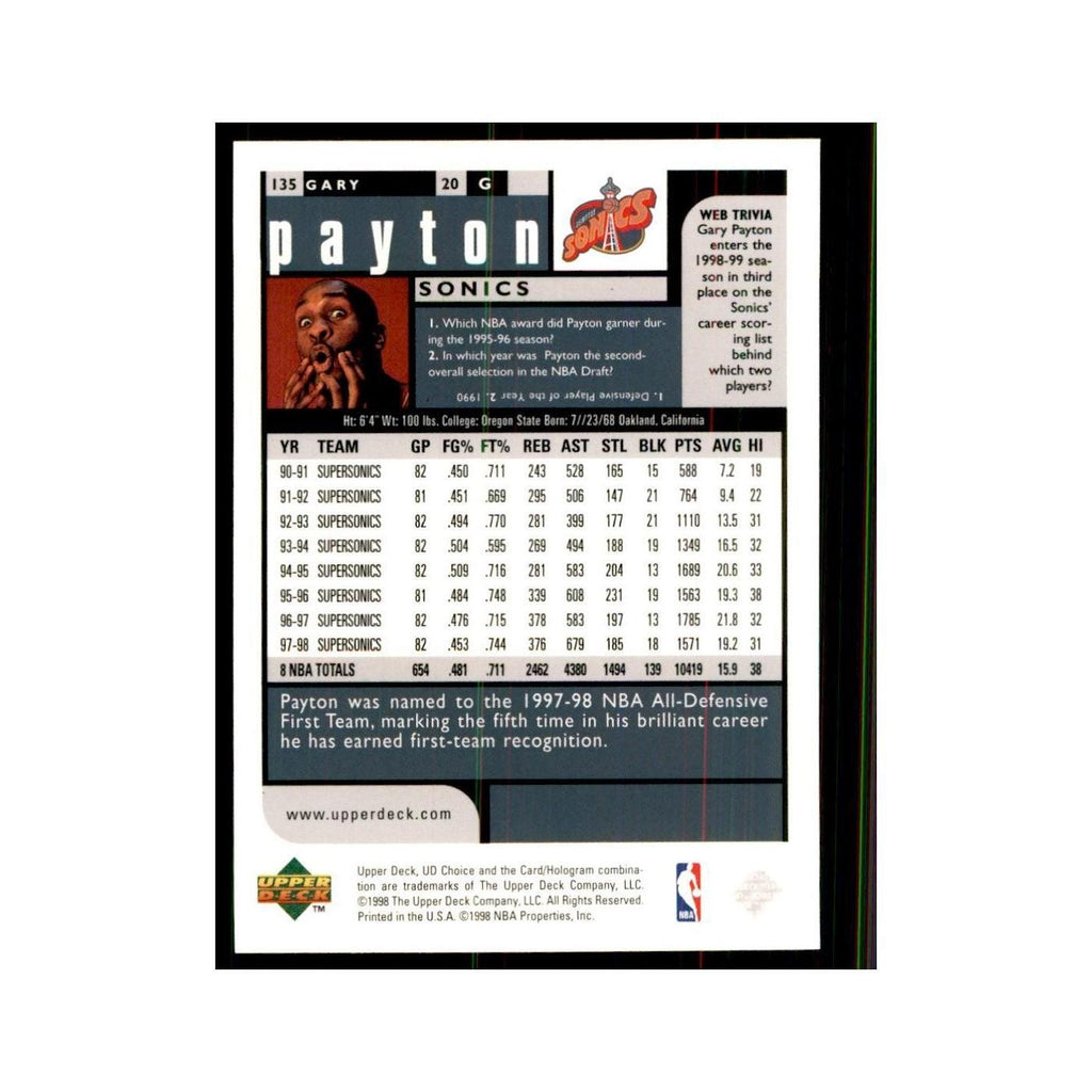 1998 UD Choice Gary Payton Basketball Cards #135