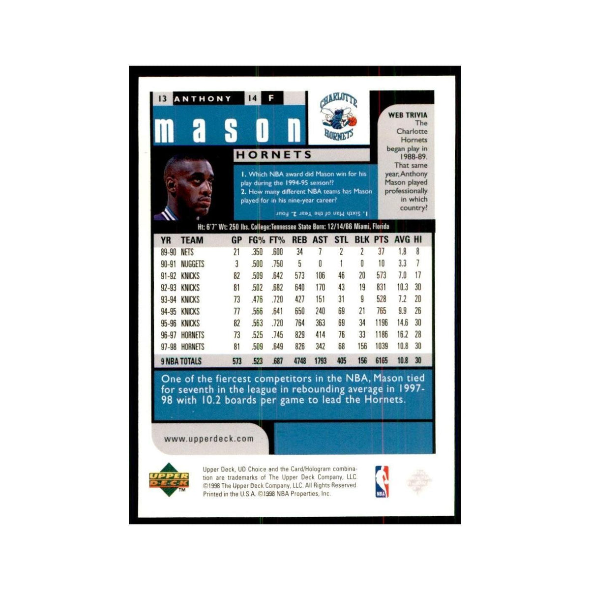 1998 UD Choice Anthony Mason Basketball Cards #13