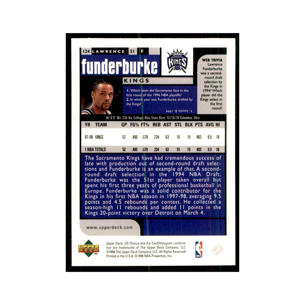 1998 UD Choice Lawrence Funderburke Basketball Cards #124