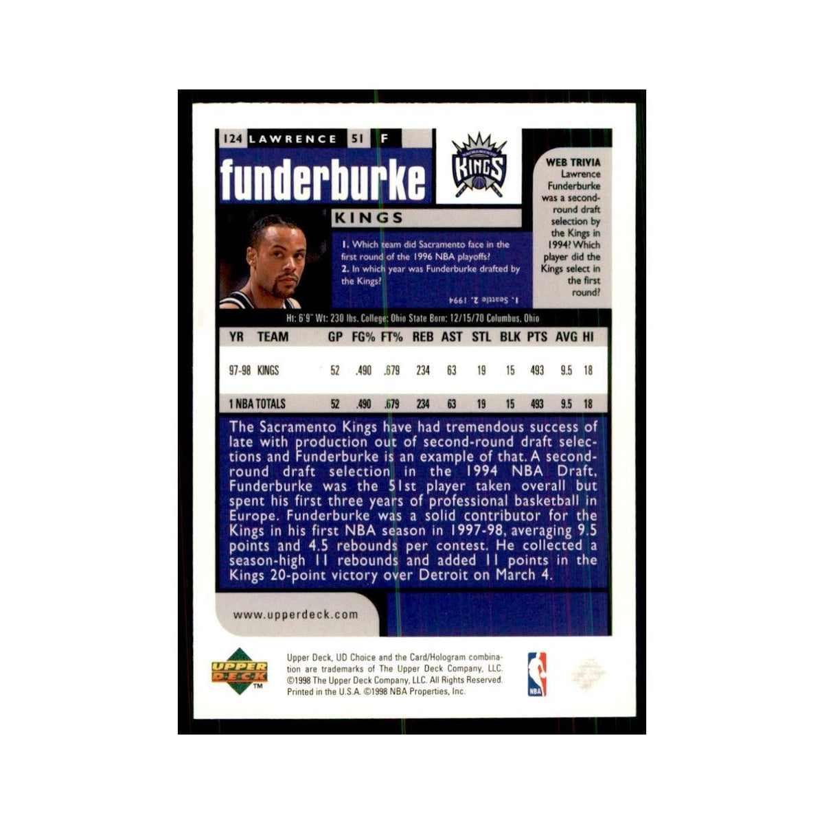 1998 UD Choice Lawrence Funderburke Basketball Cards #124