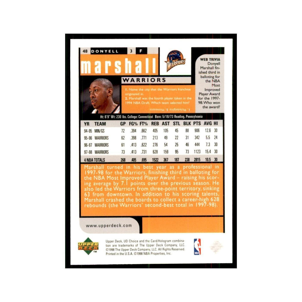 1998 UD Choice Donyell Marshall Basketball Cards #48