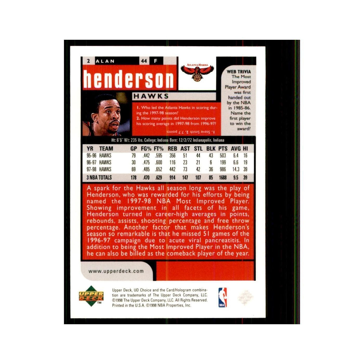 1998 UD Choice Alan Henderson Basketball Cards #2