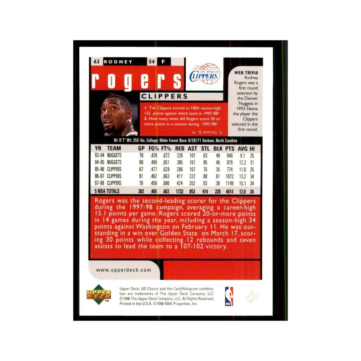 1998 UD Choice Rodney Rogers Basketball Cards #63